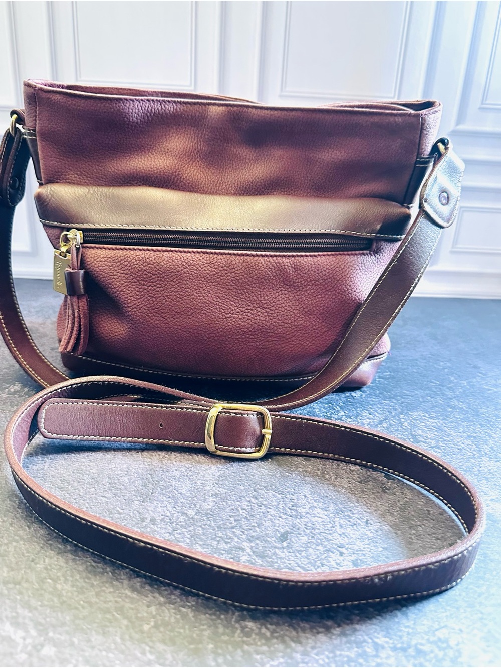 Tignanello Genuine Leather Crossbody | Rich Burgundy • Tassel Detail • Classic C